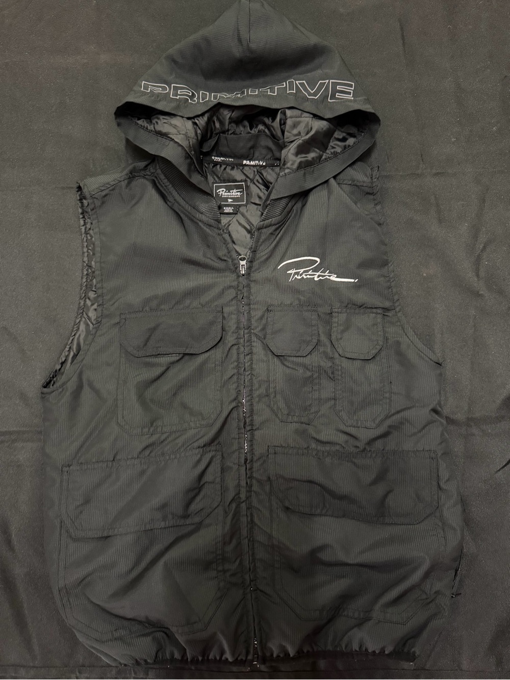 Primitive Black Hooded Utility Vest with Chest Logo